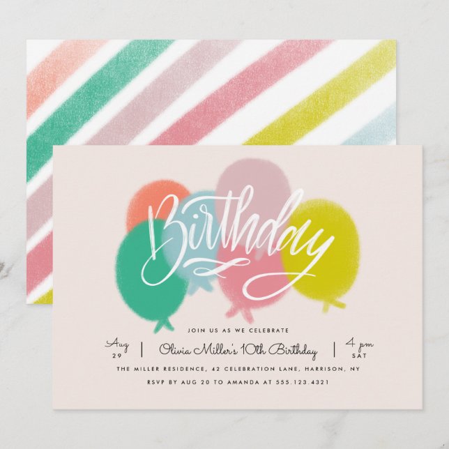 Invitación Globos brillantes arcoiris Fiesta de cumpleaños Ru (Anverso / Reverso)