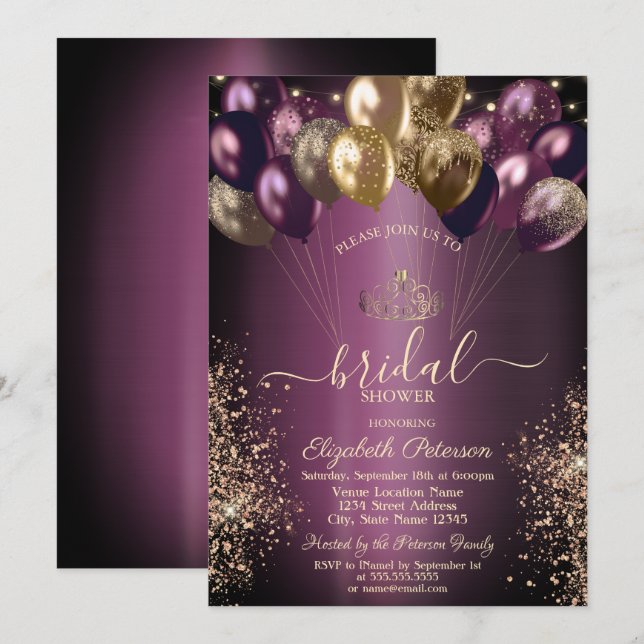 Invitación Globos Brillo Morado Oscuro Despedida de Soltera (Anverso / Reverso)