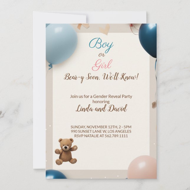 Invitación Globos calientes de osito de peluche: Revelación d (Anverso)