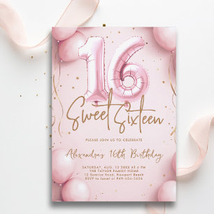 Invitación Globos Caligrafía de oro rosado Elegante dulce 16