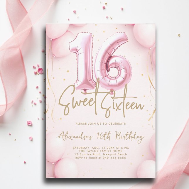 Invitación Globos caligrafía rosa brillante elegante dulce 16 (sweet sixteen invitation 16th birthday party pink balloons calligraphy glam feminine girly)