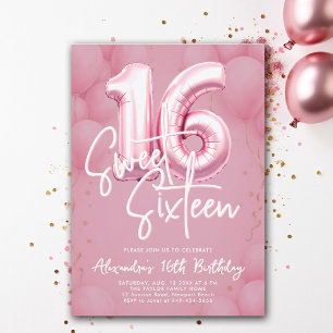 Invitación Globos caligrafía rosa moderna dulce estilo 16