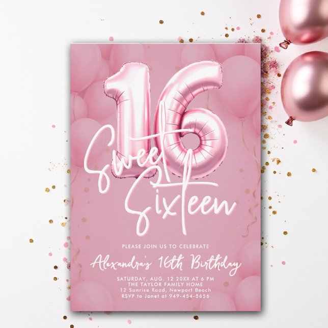 Invitación Globos caligrafía rosa moderna dulce estilo 16 (sweet sixteen invitation 16th birthday party pink purple balloons calligraphy milestone glam luxury)