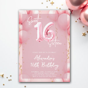 Invitación Globos caligrafía rosa moderna elegante dulce 16