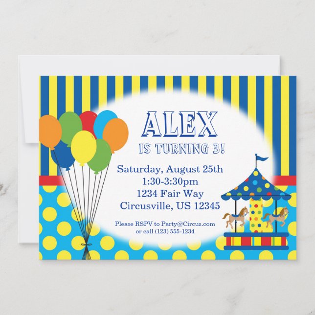Invitación Globos, carrusel, fiesta de cumpleaños del circo (Anverso)