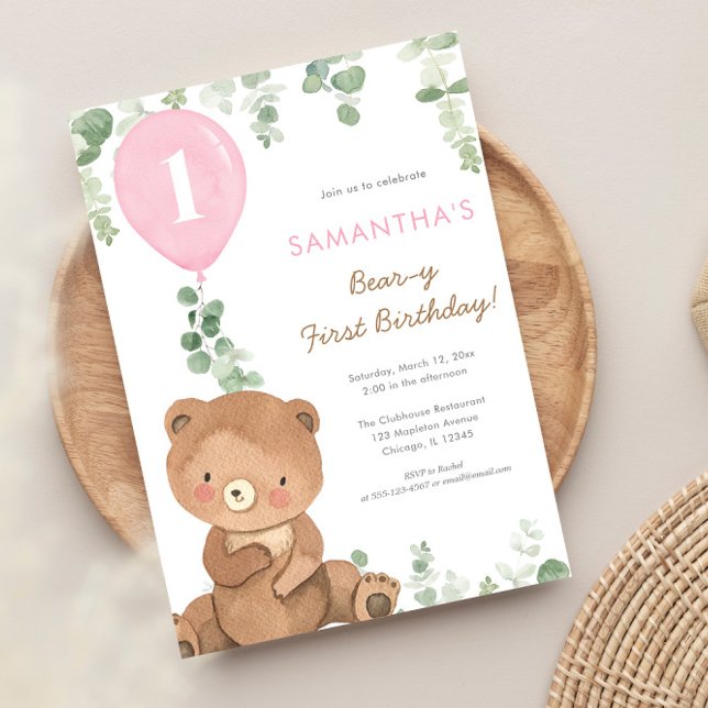 Invitación Globos chicas de vegetación rosa de primer cumplea (Subido por el creador)