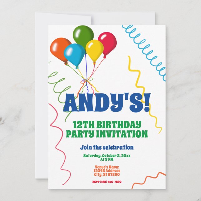 Invitación Globos coloridos Feliz 12º cumpleaños (Anverso)