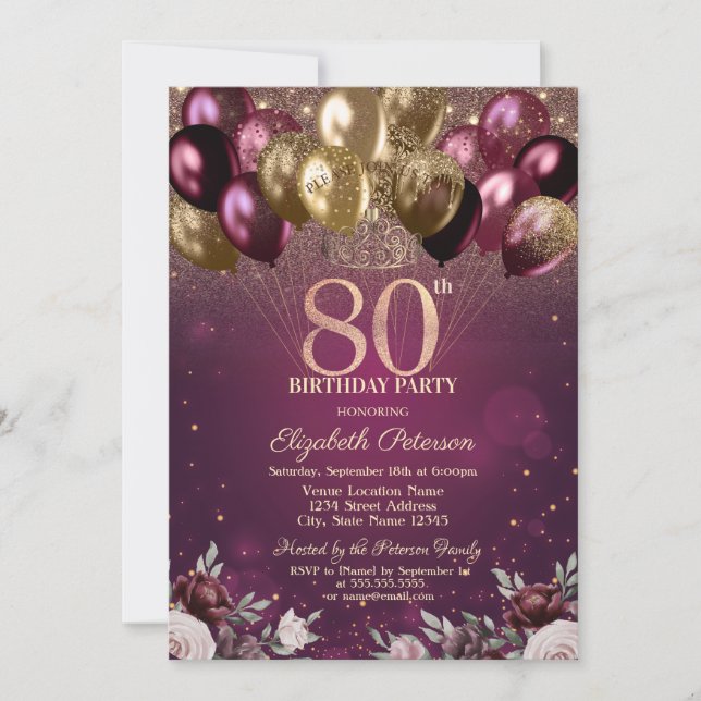 Invitación Globos con Brillo Borgoña Flores Cumpleaños 80 (Anverso)