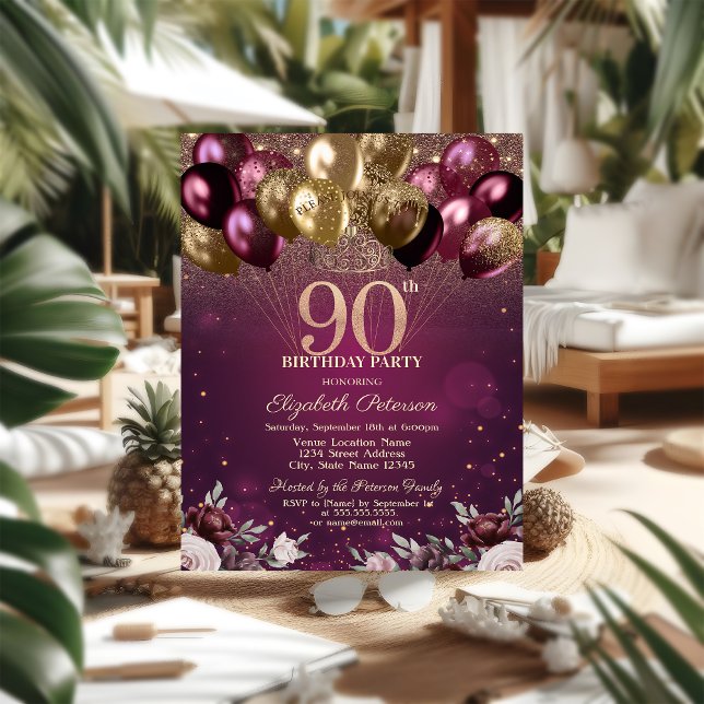 Invitación Globos con Brillo Borgoña Flores Cumpleaños 90 (Subido por el creador)