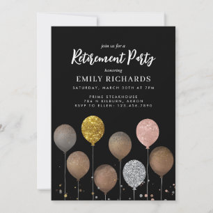 Invitación Globos con Brillo Negro y Dorado para Fiesta de Ju