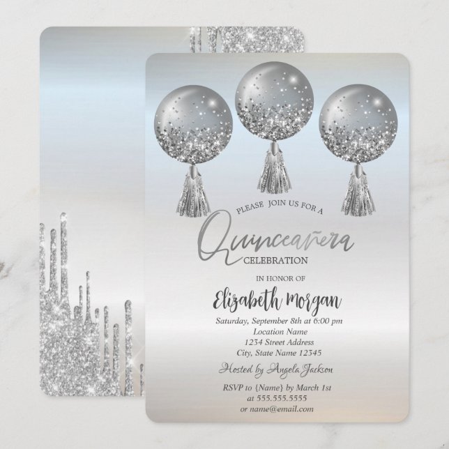 Invitación Globos con Drips de Brillo de Lujo Quinceañera Pla (Anverso / Reverso)
