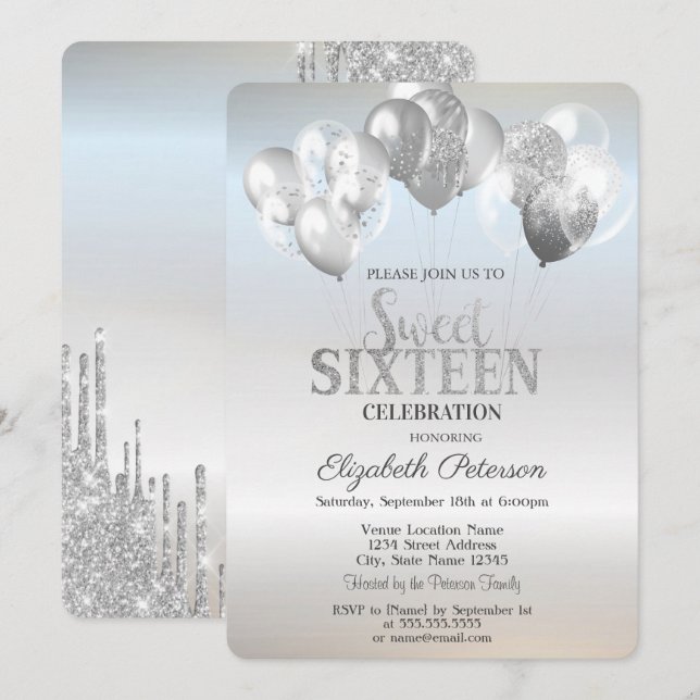 Invitación Globos con Drips de Brillo de Moda Plateados Cumpl (Anverso / Reverso)