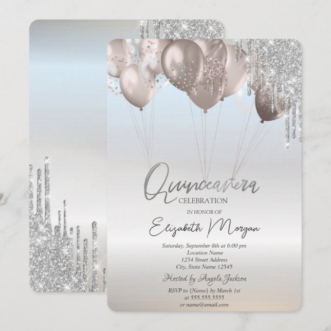 Invitación Globos con Drips de Brillo Elegantes para Quinceañ (Anverso / Reverso)