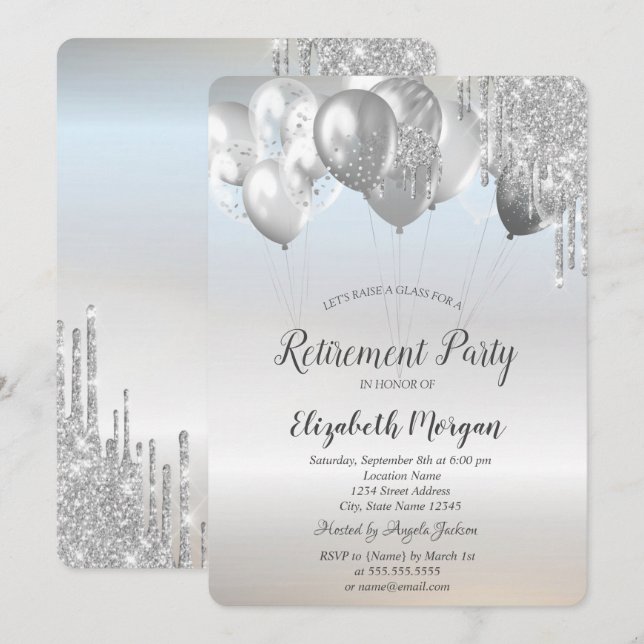 Invitación Globos con Drips de Brillo Elegantes Plateados Jub (Anverso / Reverso)