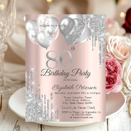 Invitación Globos con Drips de Purpurina Plateada Cumpleaños 