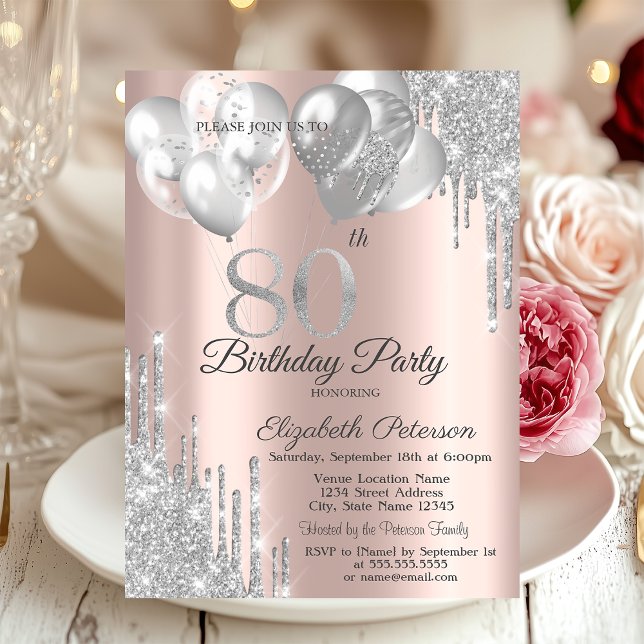 Invitación Globos con Drips de Purpurina Plateada Cumpleaños  (Subido por el creador)