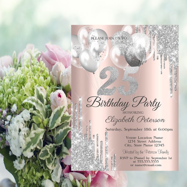 Invitación Globos con Drips de Purpurina Plateada Cumpleaños  (Subido por el creador)