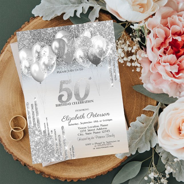 Invitación Globos con Drips de Purpurina Plateada Cumpleaños  (Subido por el creador)