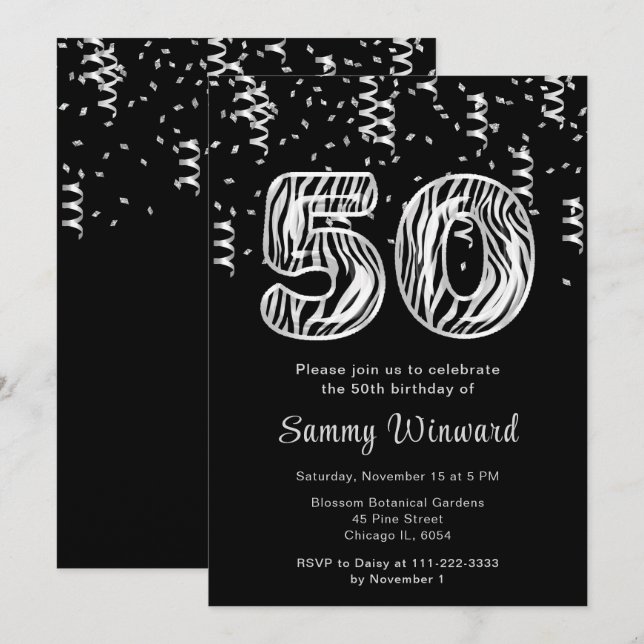 Invitación Globos con estampado de cebra para 50 cumpleaños c (Anverso / Reverso)