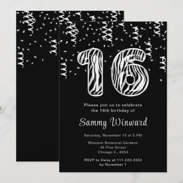 Invitación Globos con estampado de cebra para cumpleaños 16 c (Anverso / Reverso)
