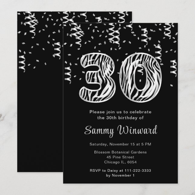 Invitación Globos con estampado de cebra para cumpleaños 30 c (Anverso / Reverso)