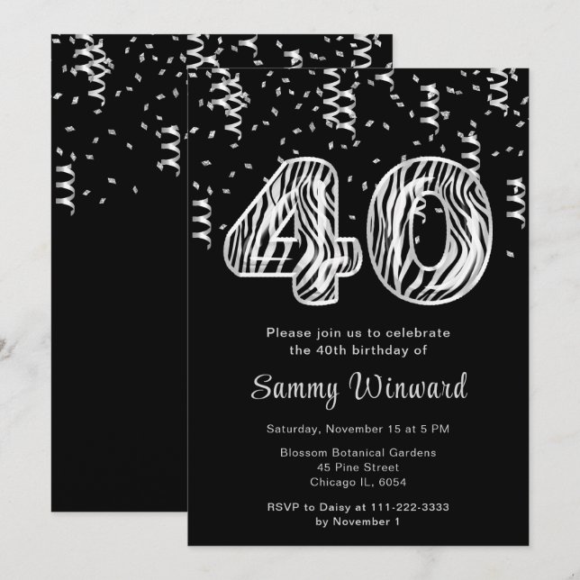 Invitación Globos con estampado de cebra para cumpleaños 40 c (Anverso / Reverso)