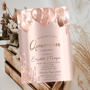 Invitación Globos con gotas de brillo de oro rosa ChicRose Qu