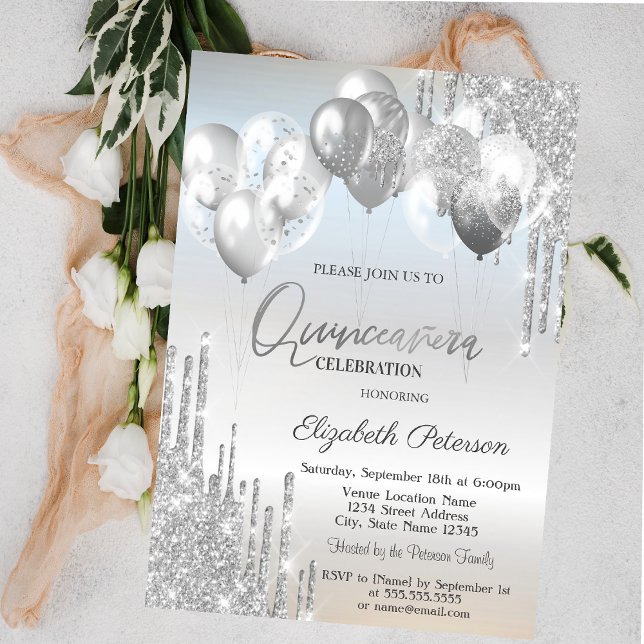 Invitación Globos con gotas de brillo plateados con estilo ch (Subido por el creador)