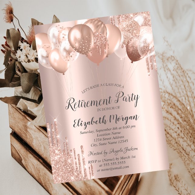 Invitación Globos con gotas de purpurina de oro rosa Jubilaci (Subido por el creador)