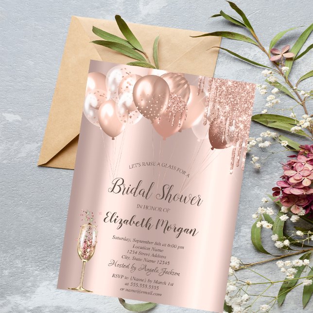 Invitación Globos con gotas de purpurina de oro rosa para des (Subido por el creador)