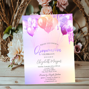 Invitación Globos con gotas de purpurina morada para Quinceañ