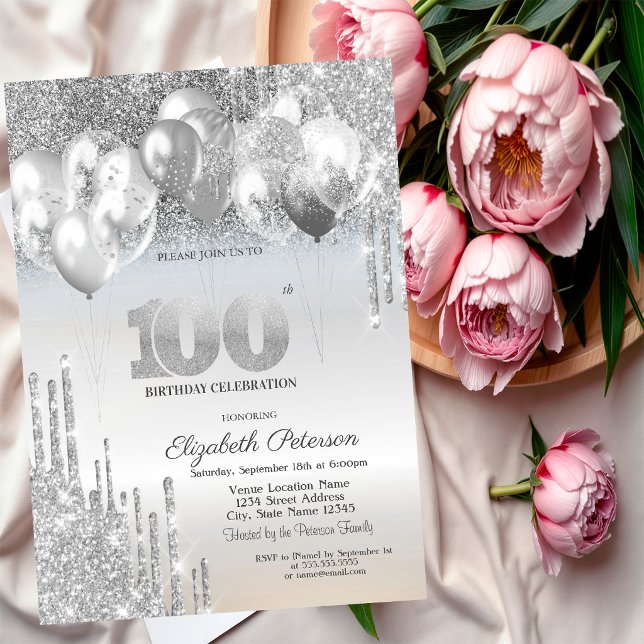 Invitación Globos con gotas de purpurina plateada Cumpleaños  (Subido por el creador)