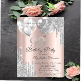 Invitación Globos con Gotas de Purpurina Plateada Cumpleaños 