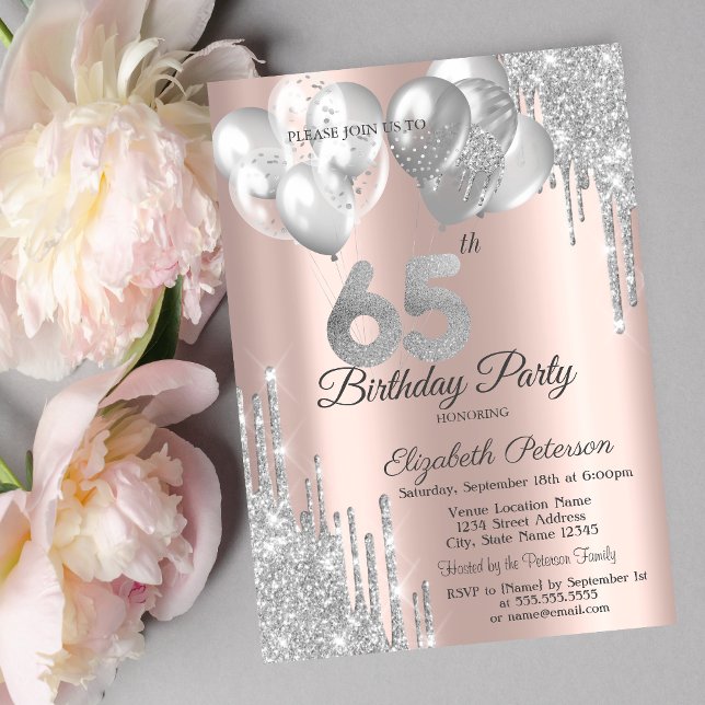 Invitación Globos con Gotas de Purpurina Plateada Cumpleaños  (Subido por el creador)
