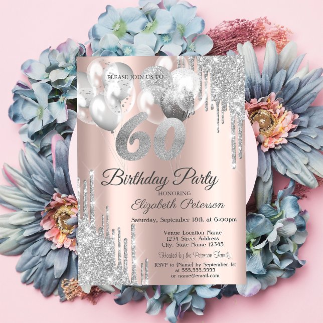 Invitación Globos con Gotas de Purpurina Plateada Cumpleaños  (Subido por el creador)