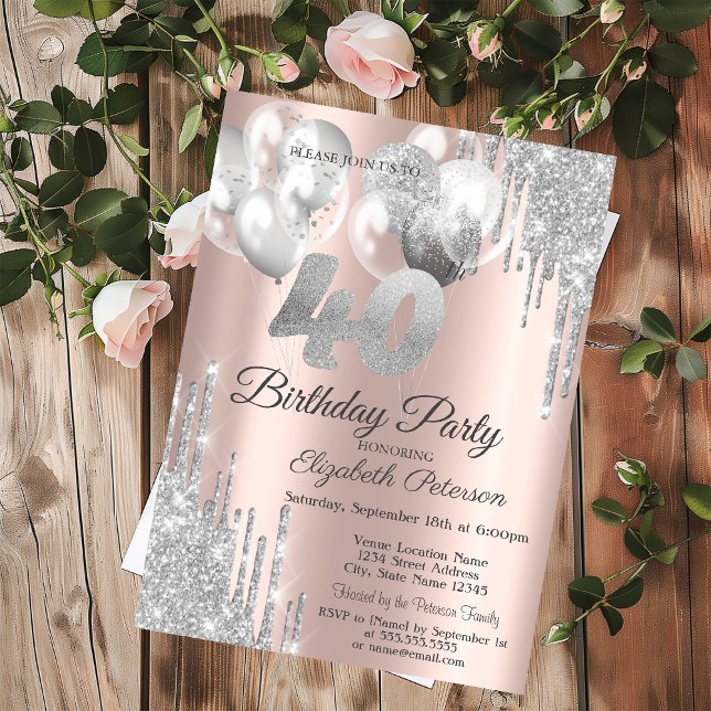 Invitación Globos con Gotas de Purpurina Plateada Cumpleaños  (Subido por el creador)