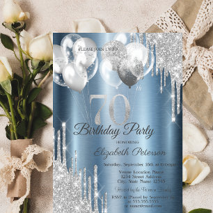 Invitación Globos con gotas de purpurina plateada fondo metál