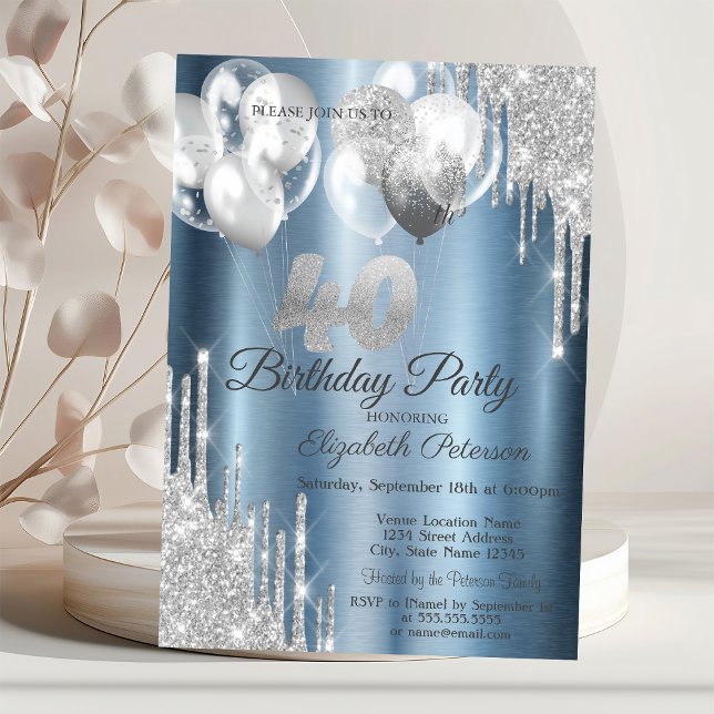 Invitación Globos con gotas de purpurina plateada Metallic az (Subido por el creador)