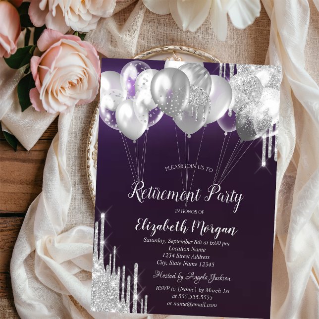 Invitación Globos con gotas de purpurina plateada para jubila (Subido por el creador)
