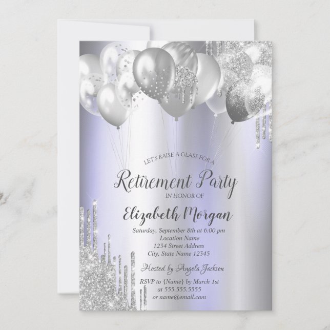 Invitación Globos con gotas de purpurina plateada para jubila (Anverso)