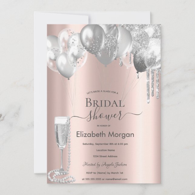 Invitación Globos con gotas de purpurina plateada Prosecco Pe (Anverso)
