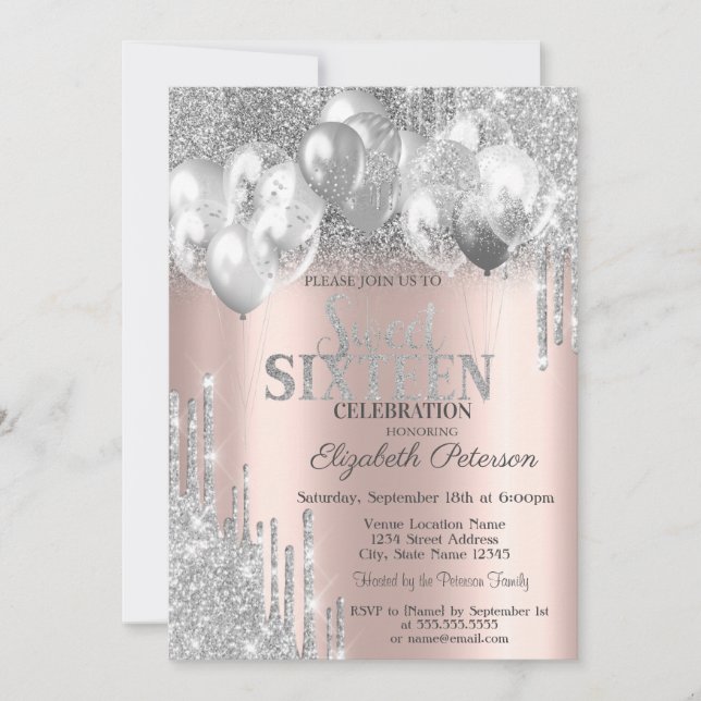 Invitación Globos con Gotas de Purpurina Plateada Rosa Dorado (Anverso)