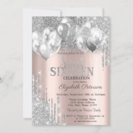 Invitación Globos con Gotas de Purpurina Plateada Rosa Dorado