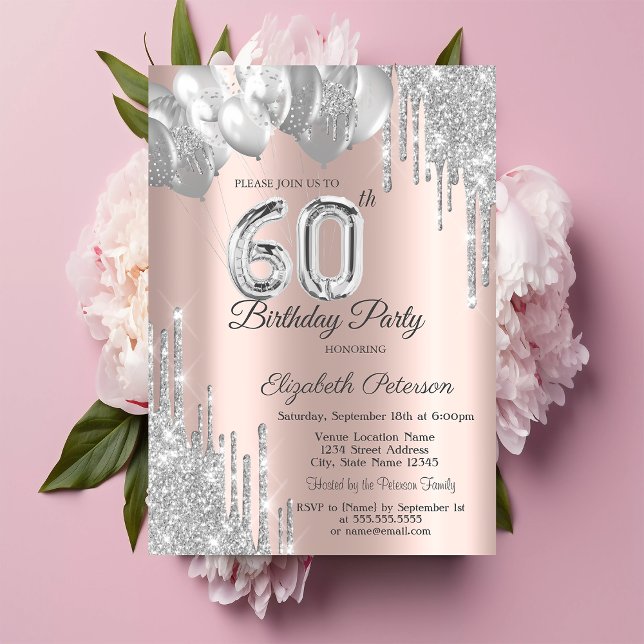 Invitación Globos con Goteo de Brillo Plateado Chic Cumpleaño (Subido por el creador)