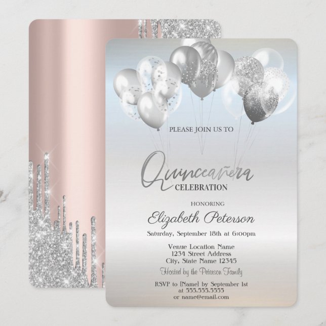 Invitación Globos con Goteo de Brillo Plateado de Moda (Anverso / Reverso)