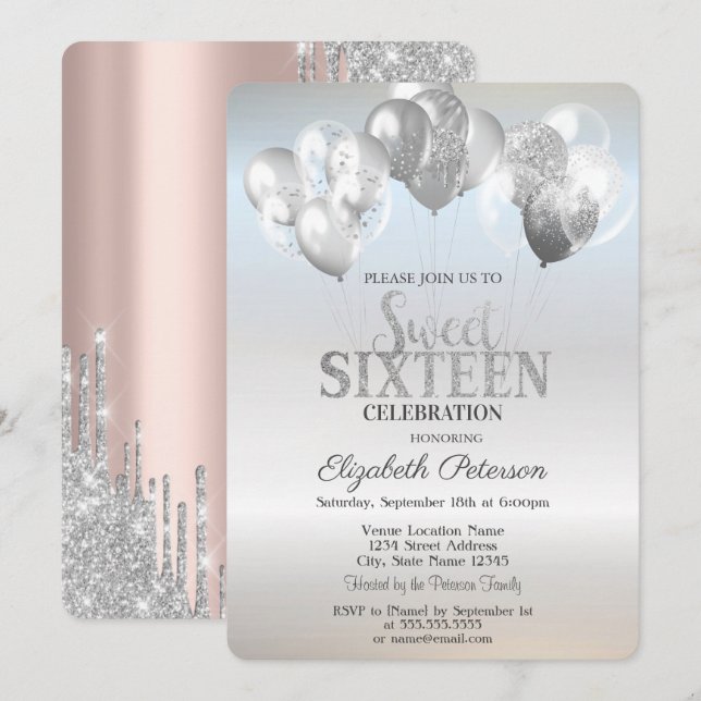 Invitación Globos con Goteo de Brillo Plateado de Moda Cumple (Anverso / Reverso)