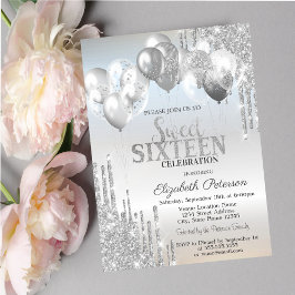 Invitación Globos con goteo de brillo plateado elegante Cumpl