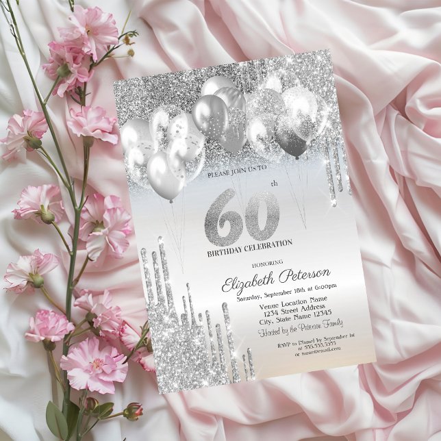 Invitación Globos con Goteo de Brillo Plateado Elegante Cumpl (Subido por el creador)