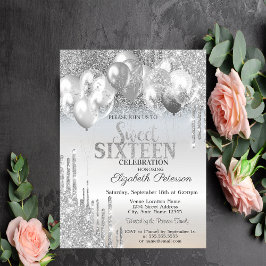 Invitación Globos con goteo de brillo plateado elegante Cumpl