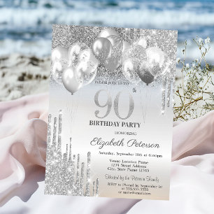 Invitación Globos con Goteo de Brillo Plateado Elegante para 